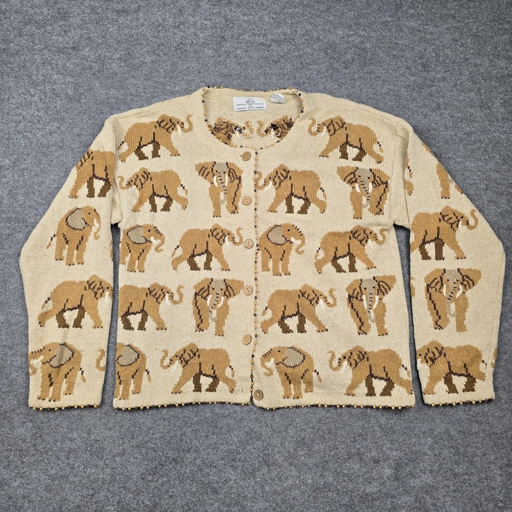 Design Options Cardigan Womens Medium Beige‎ Elephant Beaded Knit Sweater Rare